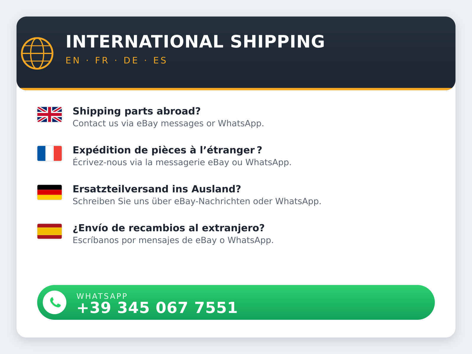 Spedizioni all'estero - International shipping: EN, FR, DE, ES - WhatsApp +39 345 067 7551